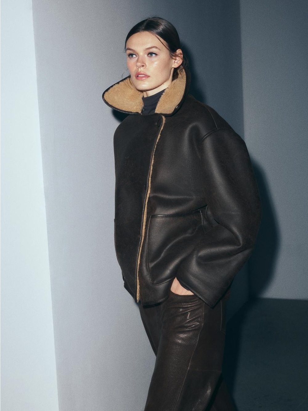 Zara Dark Brown Faux Leather Jacket with Beige Shearling Collar - Picture 6 of 8